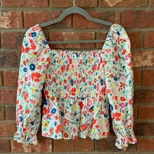 Crosby Shelby Blossom White Multicolor Floral Smock Long Sleeve Top